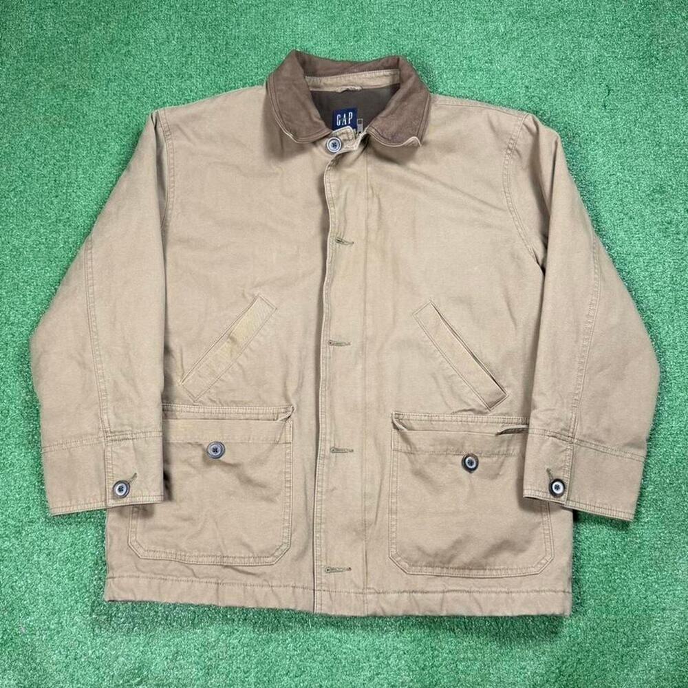 Vintage Gap Chore Coat Brown Leather Collar Canvas Jacket Mens L Workwear Barn
